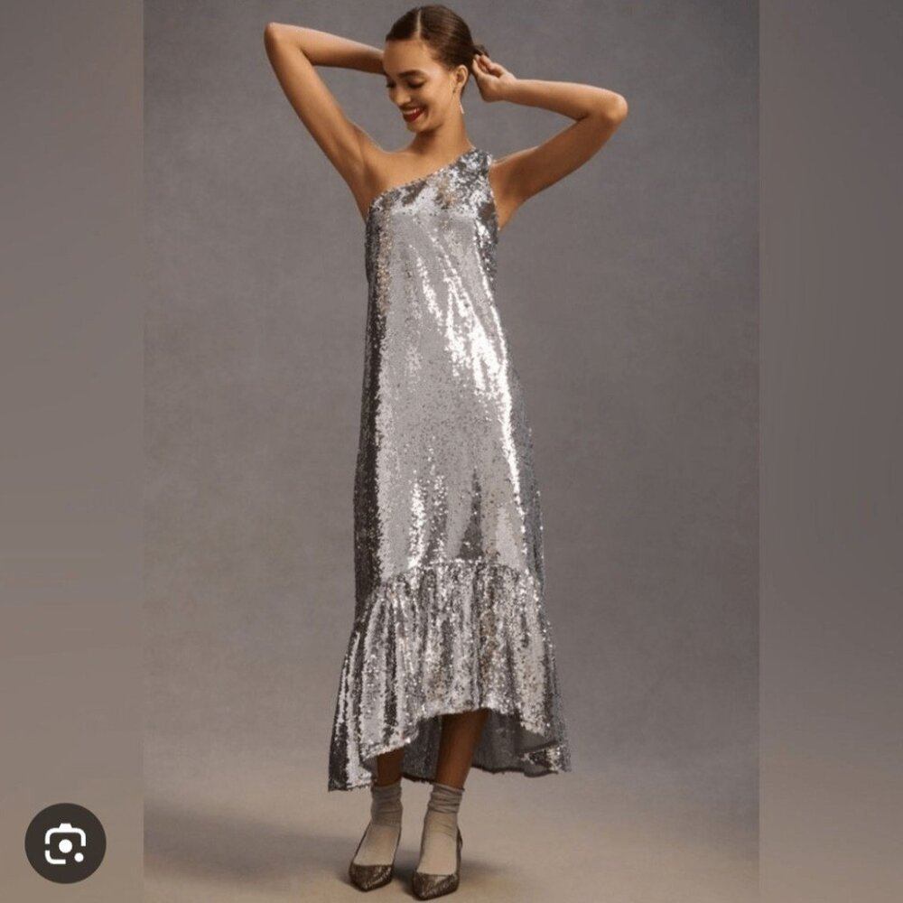 Anthropologie Maeve Silver Sequin One Shoulder Maxi Length Dress Size XL